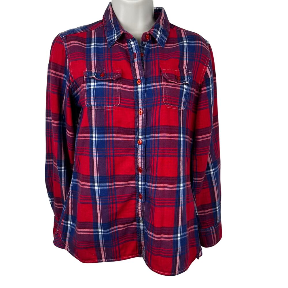 Kuhl Women's Button Up Shirt Plaid Pockets Lined Red Blue Small Outdoor Gorpcore
